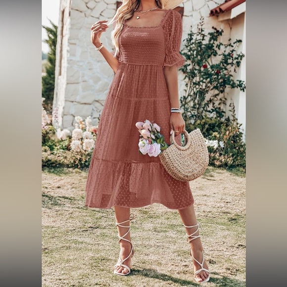 Square Neck Midi Swiss Dot Dress - Picture 3 of 7